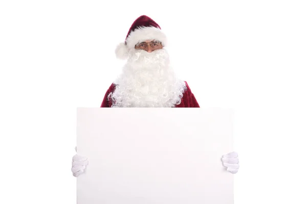 Ein Älterer Mann Traditioneller Weihnachtsmanntracht Hält Ein Leeres Weißes Schild — Stockfoto