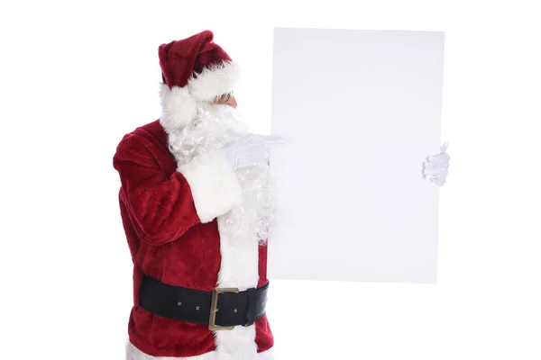 Старший Чоловік Традиційному Костюмі Санта Клауса Тримає Білий Знак Вказує — стокове фото