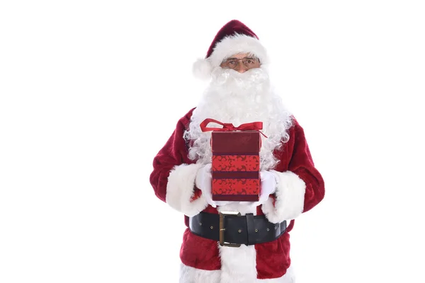 Homem Sênior Vestindo Traje Tradicional Papai Noel Segurando Uma Caixa — Fotografia de Stock