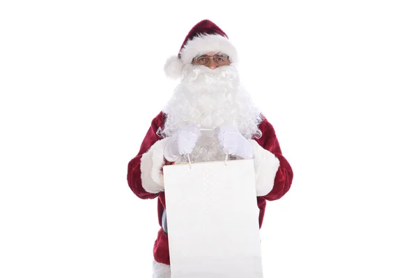 Homem Sênior Vestindo Traje Tradicional Papai Noel Segurando Saco Grande — Fotografia de Stock