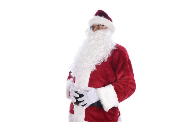 Starší Muž Tradičním Kostýmu Santa Clause Drží Břicho Obou Rukou — Stock fotografie