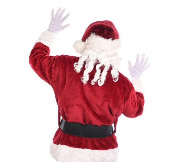 Санта Клаус Замечен Сзади Поднятыми Вверх Руками Удивленном Удивленном Жесте — стоковое фото