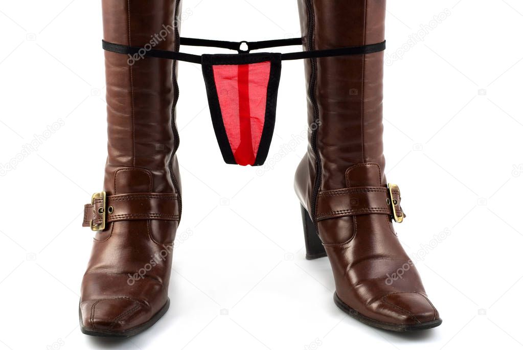 leather high heel boots and red lingerie