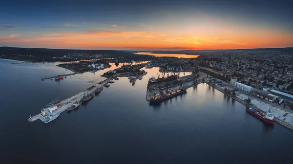 Aerial Panorama Drone View Sea Port Industrial Harbor Zone Varna — Stock Photo, Image