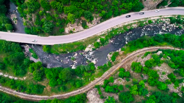 Luchtfoto Van Moderne Auto Mooving Onderweg Tussen Bos Bomen — Stockvideo