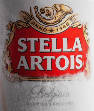 Varna,Bulgaria - May 28, 2018: Alluminium can of Stella Artois beer on white background. Stella Artois has been brewed since 1926 in Belgium. clipart