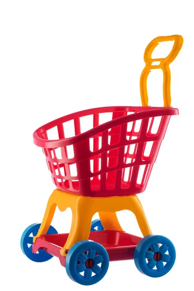 Kinderen Winkelen Winkelwagen Speelgoed Voor Supermarkt Geïsoleerd Witte Achtergrond — Stockfoto