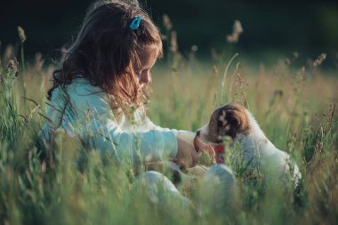 küçük kız onu köpek yavrusu köpek park ile oynarken.