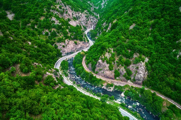 Aerial View Drone Mountain Road Curves Going Forest Landscape — Stock Photo, Image