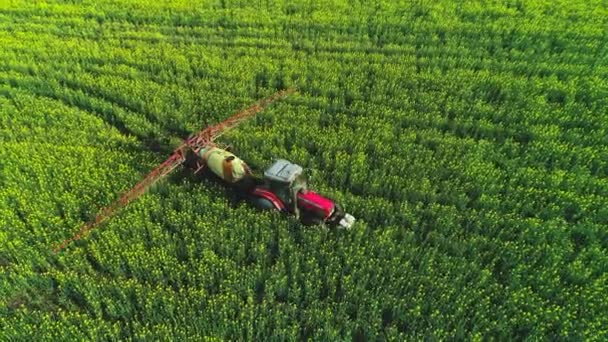 Luchtfoto Van Landbouwtrekkers Die Ploegen Sproeien Het Veld — Stockvideo