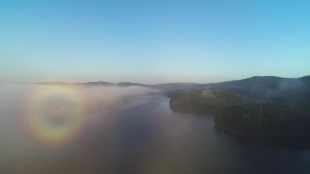 Vue Aérienne Brouillard Matinal Sur Lac Prise Vue Lever Soleil — Video