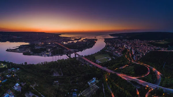 Pemandangan Drone Panorama Udara Dari Jembatan Asparuhov Dan Kota Varna — Stok Foto