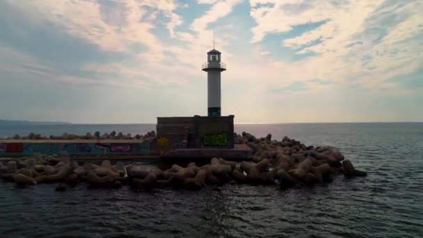 Deniz Feneri Gündoğumu Varna Bulgaristan Havadan Görünümü — Stok video