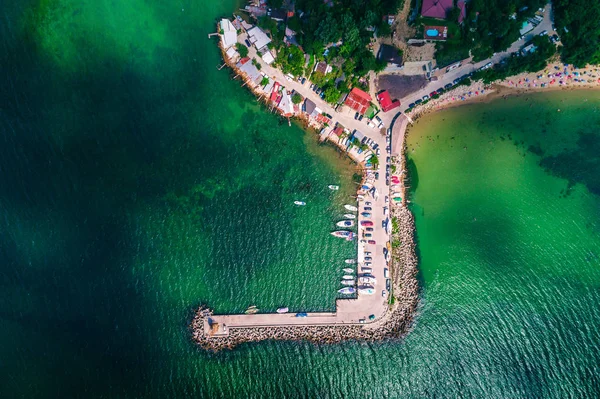 Aerial Drönarvy Svarta Havets Kust Vacker Strand Och Fiskeläge Euxinograd — Stockfoto