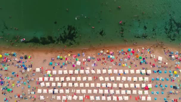 Vista Aerea Dall Alto Sulla Spiaggia Ombrelli Sabbia Mare Persone — Video Stock