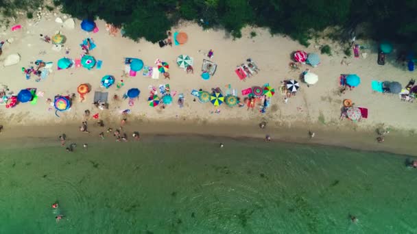 Lotu Ptaka Widok Góry Plaży Parasole Piasek Morze Ludzi Latem — Wideo stockowe