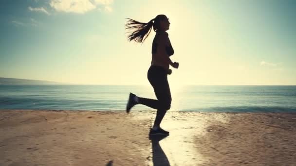 Healthy Young Woman Running Seaside Sunrise — Stock Video