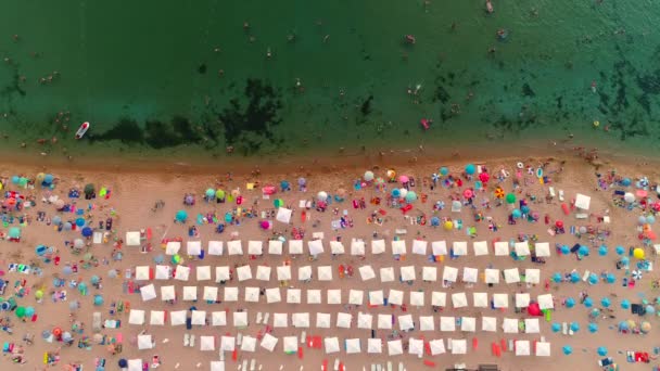 Sahilde Hava Üstten Görünüm Şemsiye Kum Güneş Sandalye Dalgalar Deniz — Stok video