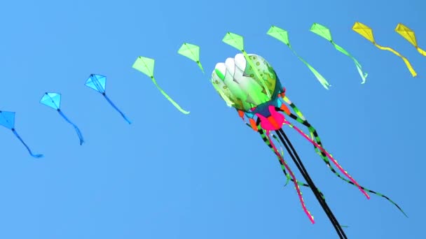 Colorful Kite Flying Blue Sky Sun — Stock Video