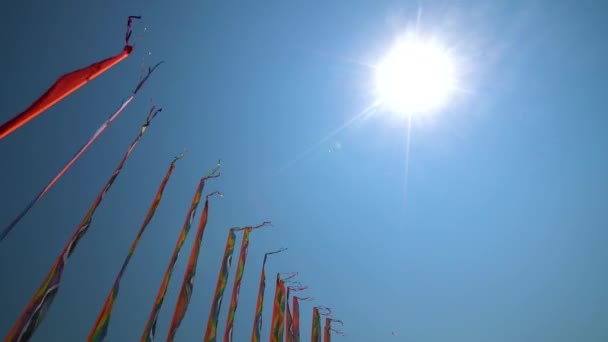 Renkli Uçurtma Uçan Bir Mavi Gökyüzü Güneş Karşı — Stok video