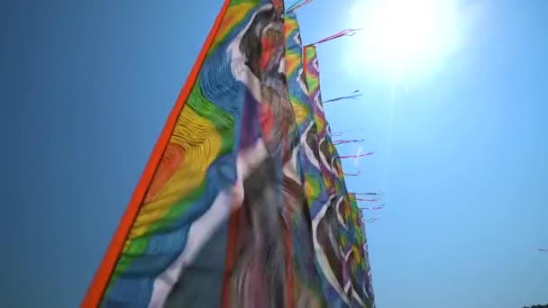 Ветер Дует Разноцветные Воздушные Змеи Пляже Против Солнца Неба — стоковое видео