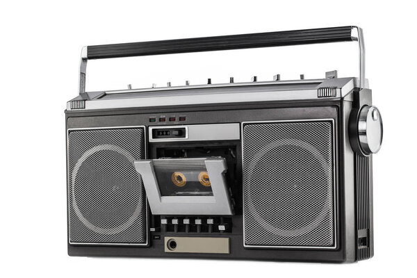 1980s Silver retro radio boom box isolated on white background.