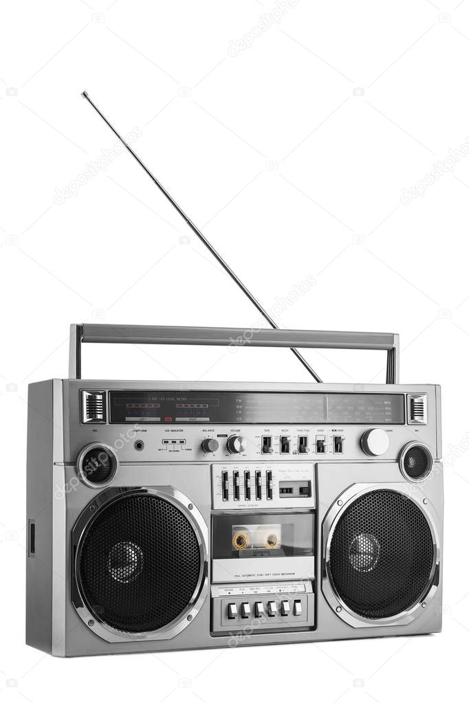 1980s Silver retro radio boom box with antenna up isolated on white background.