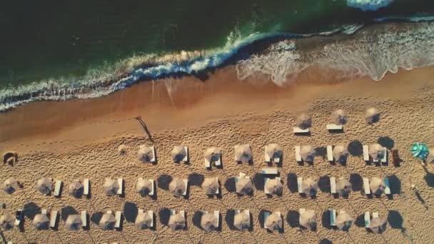 Вид Сверху Воздуха Пляж Зонты Песок Морские Волны Летние Каникулы — стоковое видео