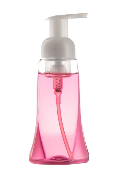白色背景查出的粉红色的玫瑰液体肥皂塑料瓶 — 图库照片