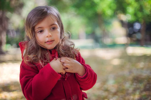 Sonbahar Parkı Nda Güzel Küçük Kız Düşmüş Oturan Bırakır — Stok fotoğraf