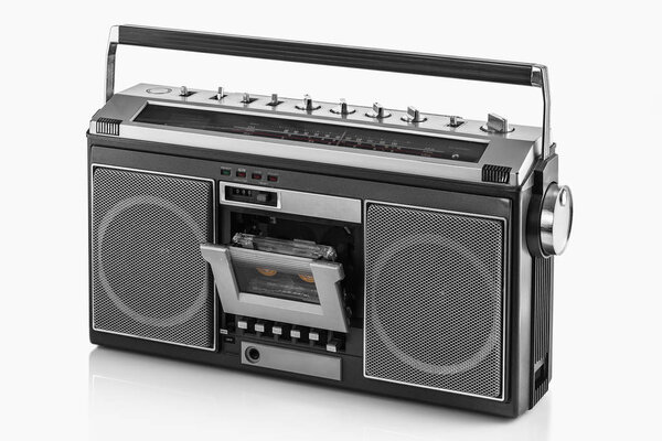 1980s Silver retro radio boom box on white background.