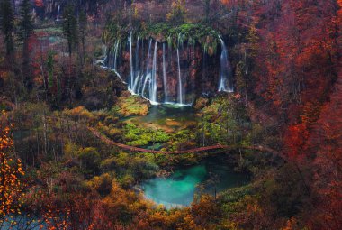 Güzel şelale sonbahar Plitvice Milli Parkı, Hırvatistan.