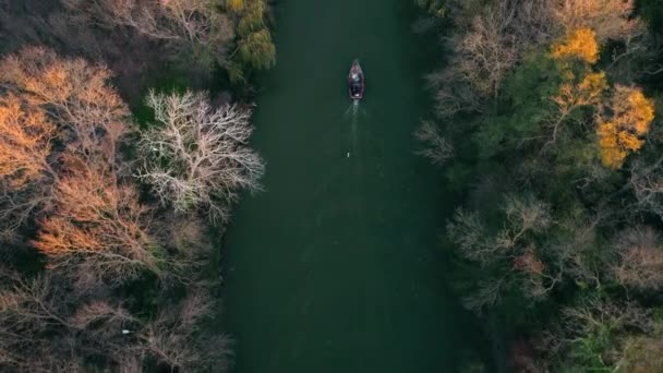 Rio Árvores Outono Barco Pesca Vela Durante Pôr Sol Vídeo — Vídeo de Stock