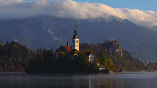Jezioro Bled Marys Kościół Wniebowzięcia Małej Wyspie Bled Słowenia Europa — Wideo stockowe