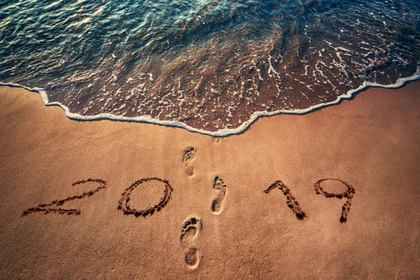 Feliz Ano Novo 2019 Conceito Escrito Praia Areia Nascer Sol — Fotografia de Stock