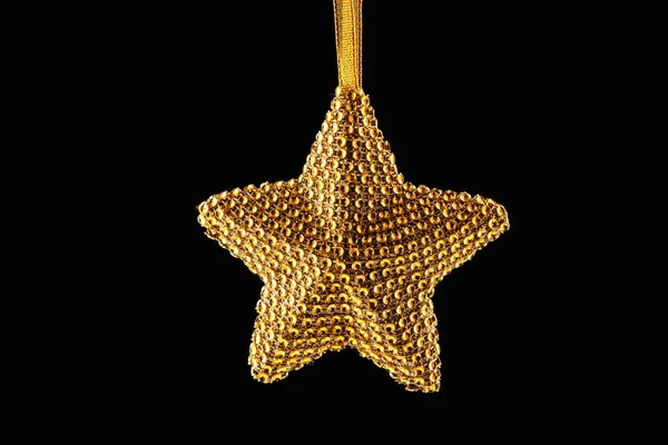 Decoração Estrela Natal Dourado Fita Isolada Fundo Preto — Fotografia de Stock