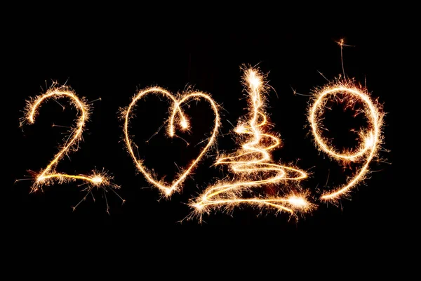 2019 Geschreven Met Sparkle Vuurwerk Zwarte Achtergrond Gelukkig Nieuwjaar 2019 — Stockfoto