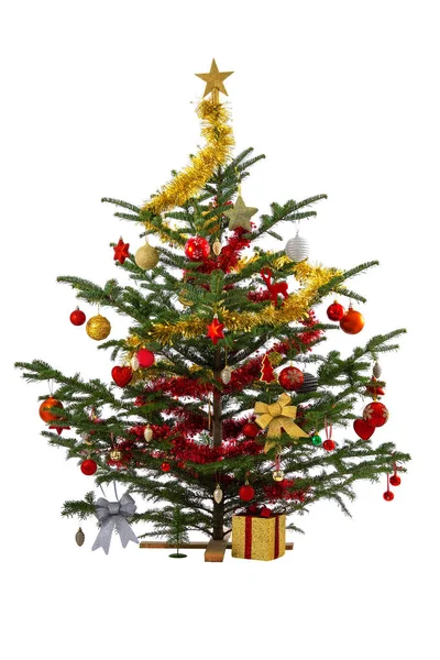 圣诞树与五颜六色的装饰 装饰品和礼品盒查出在白色 快乐的新年 — 图库照片