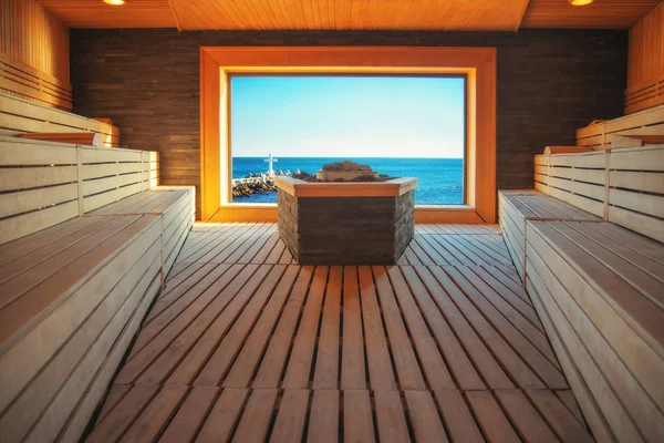 Klasická Dřevěná Sauna Výhledem Směrem Moři Parní Sauna Luxusních Wellness — Stock fotografie