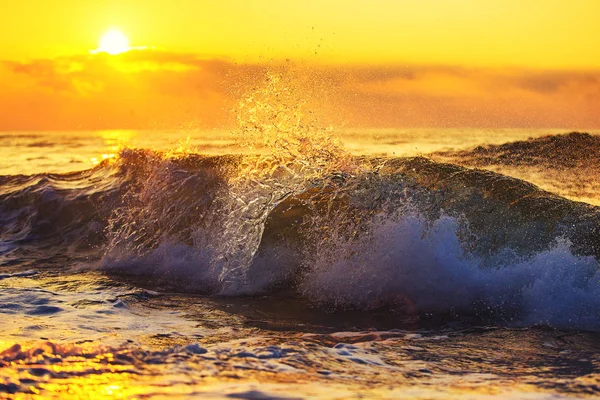 Gouden Zonsopgang Spetterend Blauwe Zee Golven Buurt Van Het Strand — Stockfoto