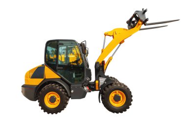 Kırpma yoluyla beyaz izole yükleyici veya forklift inşaat kamyonu.