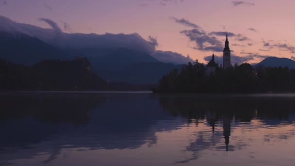 Lake Bled Slovenya Ile Mary Kilisesi Video Küçük Adada Varsayım — Stok video