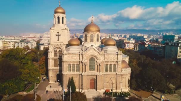 Centrum Města Varna Bulharsko Katedrála Nanebevzetí Panny Marie Letecké Dron — Stock video