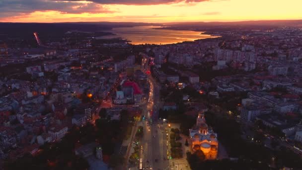 Západ Slunce Nad Jezerem Město Moře Letecký Pohled Varna Bulharsko — Stock video