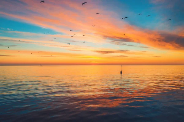 Sonnenuntergang Mit Dramatischen Wolken Über Dem See Und Fliegenden Möwen — Stockfoto