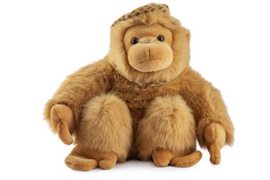 Maymun bebek peluş oyuncak studio izole. Şempanze, jocko, goril, insana benzeyen, hominidler.