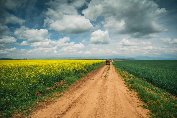 Trator vermelho em um campo e nuvens dramáticas — Fotografia de Stock