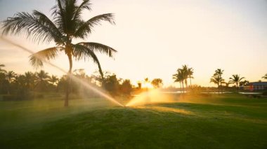 Altın günbatımı sırasında Fairway üzerinde Golf Sahası yağmurlama