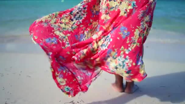 熱帯のドレスを着た幸せな女性は カリブ海の島々で彼女の夏休みを楽しんでいます — ストック動画