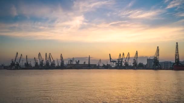 Varna Limanında Endüstriyel Vinçler Kargo Gemileri Üzerinde Gün Batımı Bulgaristan — Stok video